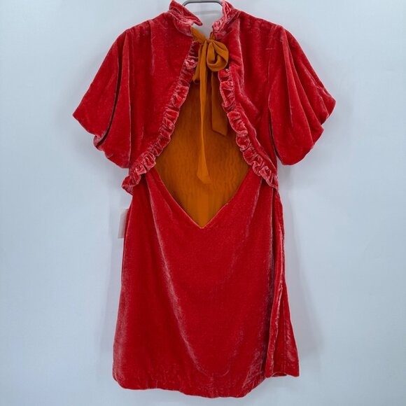 Free People Tangerine Crushed Velvet Gumdrop Mini Dress size M Smocked Open Back - Picture 5 of 10